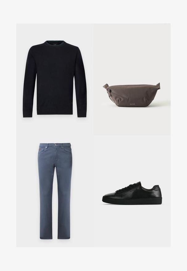 Marineblauwe trui met ronde hals, gemaakt van zachte gebreide stof, met geribbelde boorden en zoom voor een aangesloten pasvorm, en een subtiel logodetail aan de onderkant.; Grijze denim jeans met een rechte snit, vijf zakken en een metalen knoopsluiting. Bevat subtiele stiksels en een klein logo-detail.; Zwarte lage leren sneaker met zwarte veters en een dikke zwarte zool, getoond van opzij tegen een lichtgrijze achtergrond.; Donkerbruine stoffen heuptas met diagonale ritssluiting en klein wit logo aan de voorkant, tegen een effen lichte achtergrond.