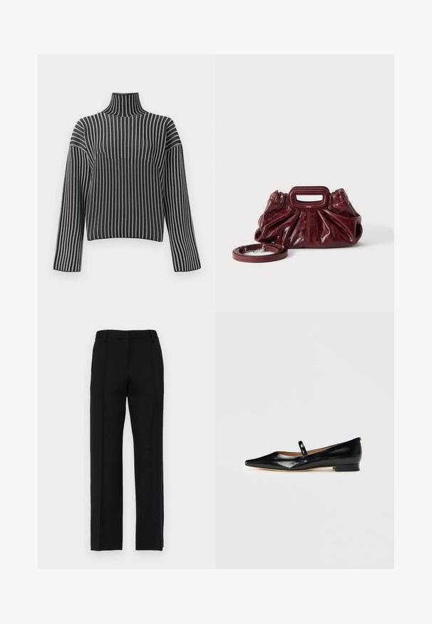 Sort-hvid stribet rullekravebluse med lange ærmer, der har en ribstrikket tekstur og kropsnær pasform. Ren, minimalistisk stil.; Sorte skræddersyede bukser med lige ben, der har frontfolder og flad talje. Fremstillet af et glat, struktureret stof.; Sorte patenterede læder Mary Jane flade sko med spids tå, én rem og lav hæl på ensfarvet baggrund.; Lille mørkerød læderhåndtaske med opsamlet struktur, rektangulært håndudskåret håndtag og aftagelig skulderrem på hvid baggrund.