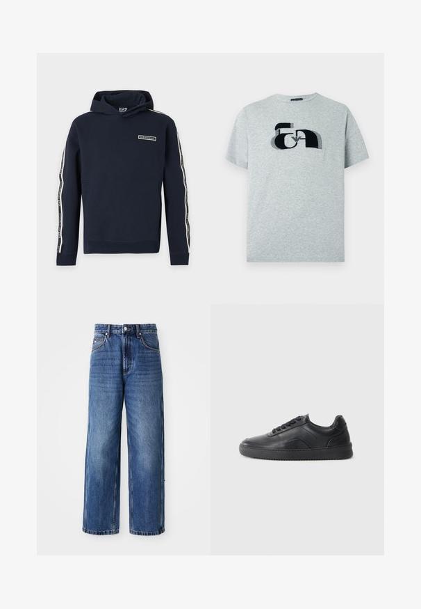 Tumesinine kapuutsiga dressipluus, millel on EA7 Emporio Armani logo rinnal ja kahel varrukal allapoole jooksevad valged triibud.; Hall hall puuvillane lühikeste varrukatega t-särk, mille esiküljel on musta ja tumeda halli graafiline logo. Ümar kaelus, lõdvestunud istuvus.; Sinine teksariidest laiade jalgevahedega püksid kõrge vöökohaga, nähtava õmblusega, esitnööpide sulguriga ja lõdva istuvusega, millel on pleekinud pesu ja küljetaskud.; Must musta kingad sileda viimistlusega, ümar aadress, tekstuuriga külgpaneel ja mustad nöörid. Omab lame kummist tallat ja minimaalset disaini.