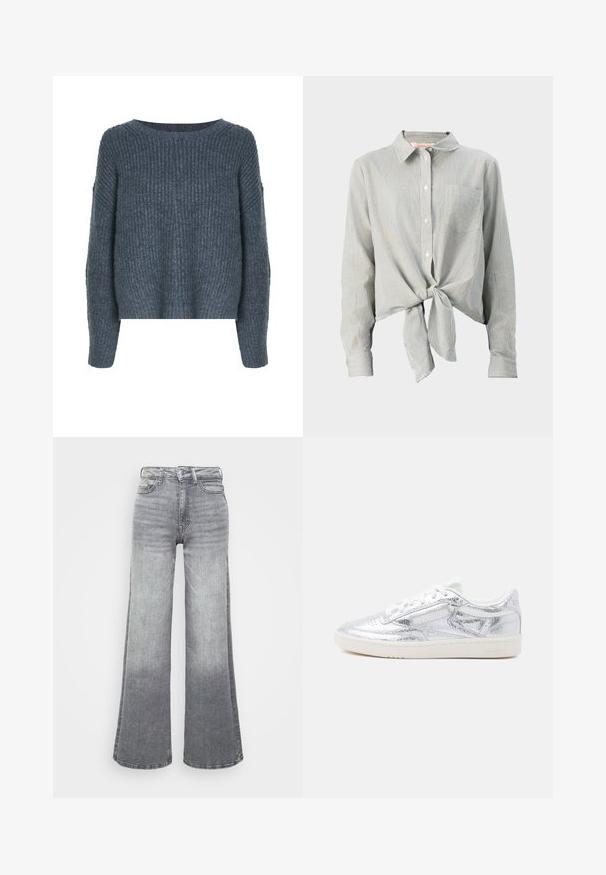 Weekday IVY - Svetrík - dark grey; Košeľa na gombíky so zelenými a bielymi pruhmi, má zaviazanie vpredu, dlhé rukávy a náprsné vrecko. Vyrobená z ľahkej textílie.; Sivé denimové džínsy s širokými nohavicami s prechodom od svetlej po tmavú farbu, vyšším pásom, piatimi vreckami a klasickým zapínaním na gombík.; Nízka tenisová obuv s bielou podrážkou, metalicky strieborným textúrovaným zvrškom, bielymi šnúrkami a decentným logom značky na sivom pozadí.
