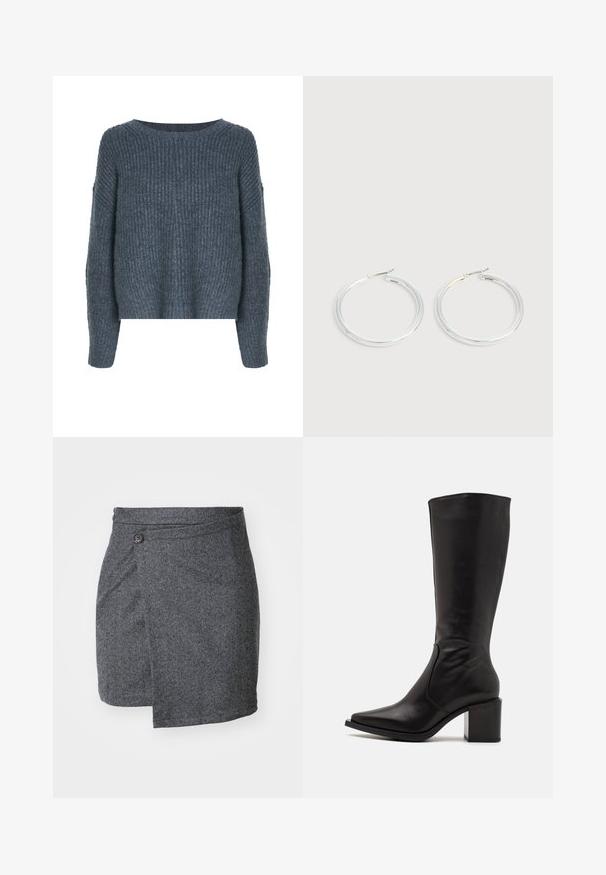 Weekday IVY - Πουλόβερ - dark grey; Γκρι περιτύλιγμα φούστας σε σχέδιο ψαροκόκαλο, φτιαγμένη από υφασμάτινο μαλλί με υφή, διαθέτει μοναδικό κούμπωμα με κουμπί στη μέση και ασύμμετρο στρίφωμα.; Zign by Zalando LEATHER - Μπότες - black; Ζεύγος λαμπερών ασημένιων κρίκων με λεπτές σύρμα σφραγίδες, παρουσιασμένα σε ανοιχτό γκρι φόντο.