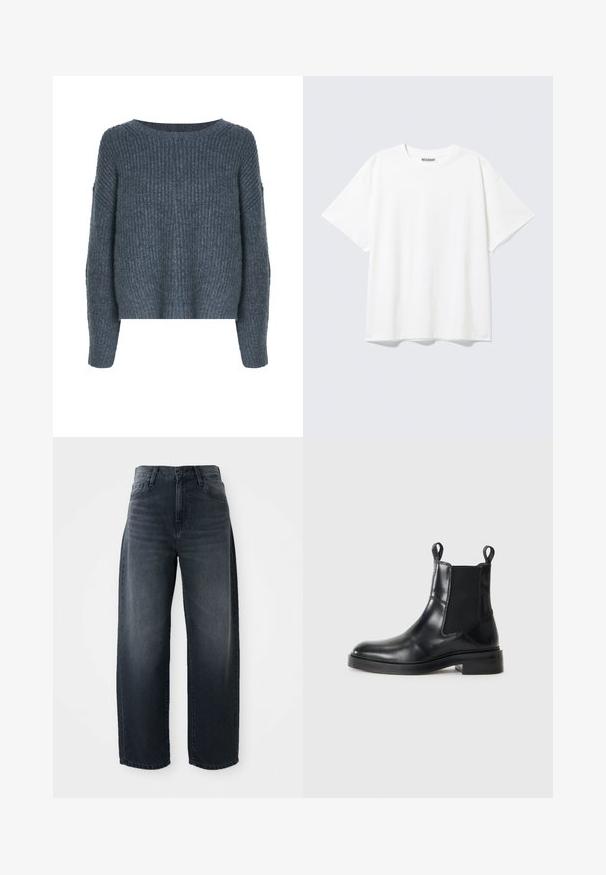 Weekday IVY - Pullover - dark grey; T-shirt blanc à manches courtes, col rond, coupe décontractée et étiquette "WEEKDAY" à l’intérieur du dos du col.; Jeans évasés en denim indigo, avec une taille haute, une fermeture classique à bouton et glissière, et un délavage subtil sur le devant.; Bottine Chelsea noire en cuir avec panneaux élastiques sur les côtés et tirants, sur fond blanc, vue de côté.