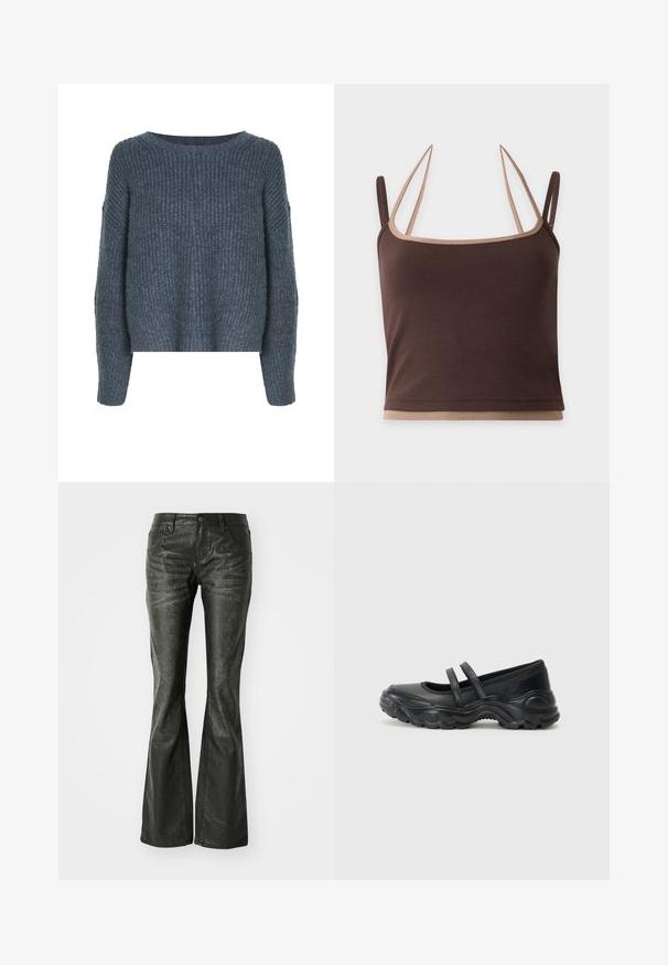 Weekday IVY - Džemper - dark grey; Pruun lühike tanktop kahe peene beeži rihma ja beeži äärisega kaelusel ja äärel.; Mustad kunstnahkflared teksad esipocketitega, metallist nupuklips ja kergelt tekstureeritud pind. Sirge jala lõige, pikem lõige.; Mustad musta nahast Mary Jane korterid, millel on kaks reguleeritavat rihma, ümar varvas ja tekstureeritud kummist põhi parema haardumise tagamiseks.