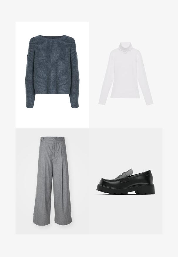 Weekday IVY - Džemper - dark grey; Valge pikkade varrukate turtleneck-särk, mis on valmistatud siledast ja venivast kangast. Omab kõrget kraed ja keha lähedast lõiget, ilma nähtavate mustrite või kaunistusteta.; Hallid laiad hallid püksid, mis on valmistatud pehmest kangast, kõrge vöökoht, eesmine volditus ja peen logo silt vöökoha peal.; Mustad nahast loafers, millel on tükiline tekstureeritud tald, vampi kohal rihm ja sile, läikiv viimistlus.