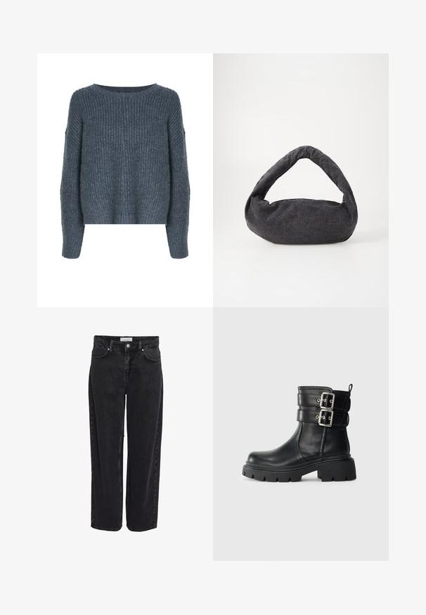 Weekday IVY - Svetrík - dark grey; Čierne džínsové nohavice širokého strihu s vysokým pásom, dizajn s piatimi vreckami a zapínaním na zips. Hladká textúra s minimom viditeľných švov.; Čierna kožená členková topánka s robustnou podrážkou a dvoma striebornými prackami po bokoch, izolovaná na svetlom pozadí.; Tmavošedá látková taška s zakrivenou rúčkou, jemnou textúrou a zaobleným tvarom. Bez viditeľného hardvéru alebo ozdôb.