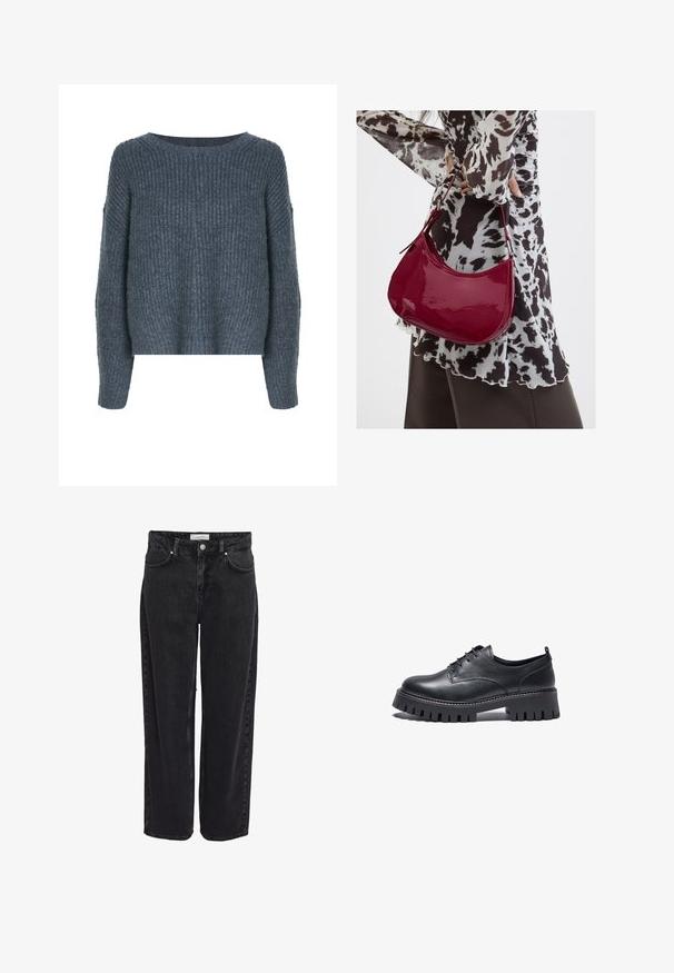 Weekday IVY - Trui - dark grey; Zwarte denim wijde pijpen jeans met een hoge taille, vijfzakkenontwerp en ritssluiting. Soepele textuur met minimale zichtbare stiksel details.; Zwarte leren schoenen met een ronde neus, vetersluiting en een stevige, gestructureerde rubberen zool met gegroefde randen.; Vrouw met een zwart-wit gebloemde blouse houdt een glanzende rode schoudertas vast tegen een effen achtergrond.