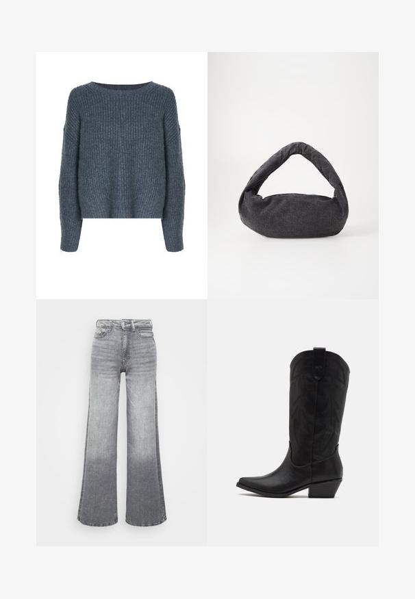 Weekday IVY - Svetrík - dark grey; Sivé denimové džínsy s širokými nohavicami s prechodom od svetlej po tmavú farbu, vyšším pásom, piatimi vreckami a klasickým zapínaním na gombík.; Čierne kožené kovbojské čižmy s špicatou špičkou, nízkym stohovaným podpätkom a zložitým embosovaným vzorom listov na holeni. Očko na vrchu pre jednoduché obúvanie.; Tmavošedá látková taška s zakrivenou rúčkou, jemnou textúrou a zaobleným tvarom. Bez viditeľného hardvéru alebo ozdôb.