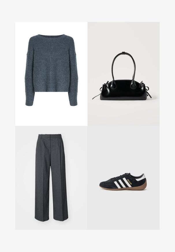 Weekday IVY - Svetrík - dark grey; Vero Moda VMMADJA WIDE PANT - Nohavice - dark grey melange; Čierna semišová teniska s tromi bielymi pruhmi, gumovou podrážkou a malým zlatým logom na boku. Má hladkú čiernu vnútornú podšívku.; Malá čierna lesklá kabelka s dvoma dlhými rúčkami a bočnými šnúrkovými detailmi na jednoduchom svetlom pozadí.