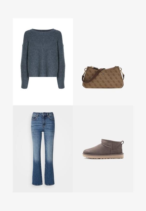 Weekday IVY - Svetrík - dark grey; Džínsy s rozšírenými nohavicami v modrej farebnej gradácii od svetlej po tmavú, s vysokým pásom, piatimi vreckami a svetlým vyblednutím na spodnej časti nohavíc.; Nízky hnedý semišový topánok so šmykľavým zapínaním, textúrovanou podrážkou a pútkom na jednoduchom pozadí.; Hnedá vzorovaná kabelka na rameno so zlatými akcentmi a hnedým remienkom. Má zipsové zapínanie a logo na prednej strane. Textúrovaný vonkajší povrch.