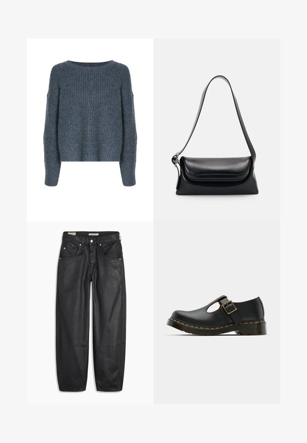 Weekday IVY - Πουλόβερ - dark grey; Μαύρα τζιν με φαρδιά γραμμή, που διαθέτουν μπροστινές τσέπες, κλείσιμο με κουμπί και απαλή υφή. Το ύφασμα φαίνεται ανθεκτικό.; Μαύρο δερμάτινο παπούτσι με στρογγυλή μύτη, ιμάντα στο γέρας και πόρπη, χαμηλό τακούνι και κίτρινη ραφή κατά μήκος της σόλας. Ομαλή υφή σε όλη την επιφάνεια.; Μαύρη δερμάτινη τσάντα χεριού με δομημένο σχήμα, απαλή υφή και έναν μόνο ιμάντα ώμου. Διαθέτει μια διακριτική, στρογγυλεμένη σχεδίαση καπακιού.