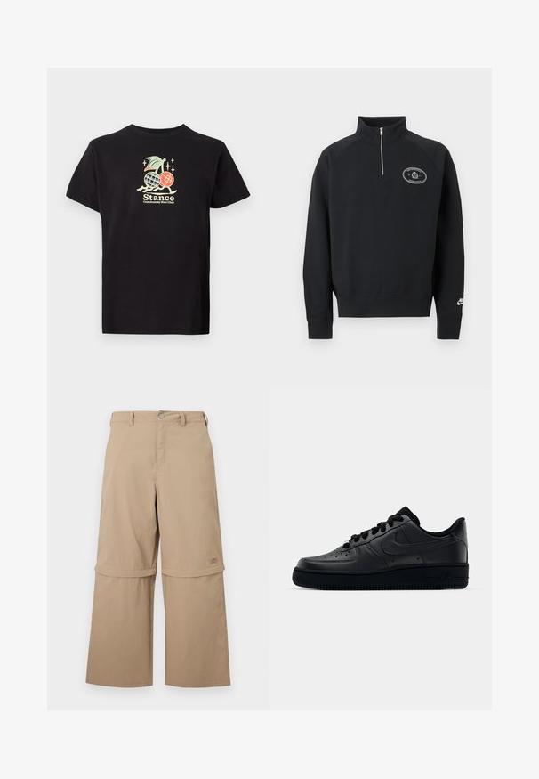 Čierna mikina s dlhým rukávom a štvrťovým zipsom, vysokým golierom, malým bielym logom na ľavej strane hrude a textovým logom „Nike“ na ľavom manžete zápästia.; Čierne bavlnené tričko s farebnou grafickou potlačou ananásu a čerešní, text znie "Stance Community Run Club." Krátke rukávy.; Béžové nastaviteľné nohavice s odnímateľnými dolnými časťami na zips, pútkami na opasok, bočnými vreckami a zapínaním na gombíky, zobrazené na bielom pozadí.; Čierne tenisky Nike Air Force 1 s hladkým koženým zvrškom, perforovanou špičkou pre priedušnosť, čiernymi šnúrkami a textúrovanou gumovou podrážkou.
