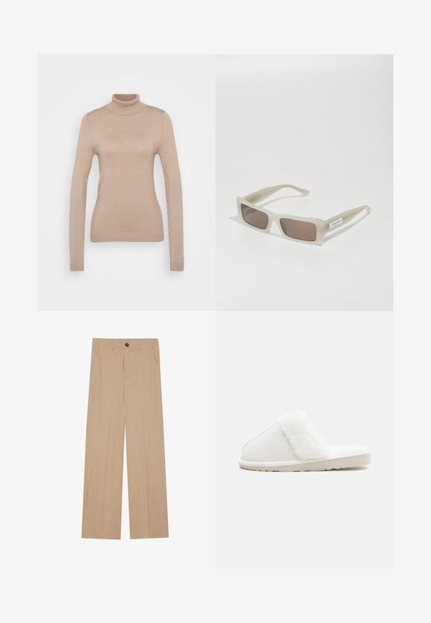 Jersey de cuello alto beige hecho de una suave tela de punto. Presenta mangas largas, un diseño ajustado y un cuello y dobladillo acanalados.; Pantalones de pierna ancha color beige con una textura suave, que presentan dos bolsillos laterales, un cierre con botón en la parte delantera y pliegues sutiles para un detalle adicional.; Zapatilla blanca con una suave banda de piel sintética, parte superior de fieltro, suela acolchada y una suela de goma texturizada para mayor agarre. Diseño simple y redondeado.; Gafas de sol beige escarchadas con lentes rectangulares, tinte degradado marrón y montura de plástico suave, con un pequeño logo en el lateral.