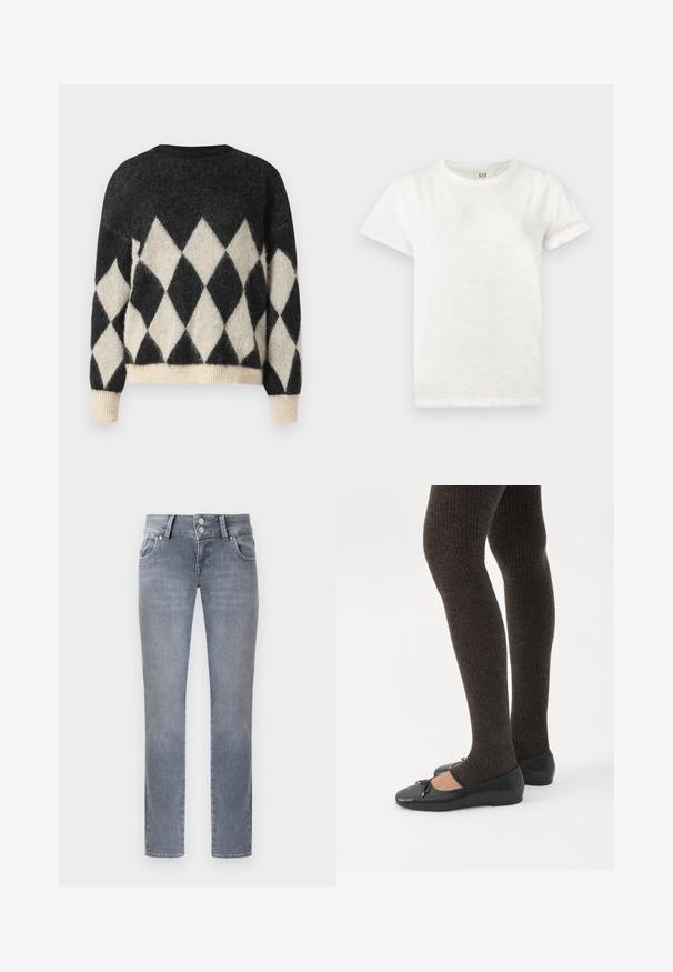 Mustreeritud musta ja koorevärvi suurem sweater, mis on valmistatud pehmest tekstuuriga kangast, millel on ribiga serv ja mansetid.; Valge lühikeste varrukatega ümara kaelusega T-särk pehmest kangast, esitletud helehallil taustal.; Õhukesed hallid teksad topeltnööp-kinnitusega, esitaskute ja vööaasadega, esitatud lihtsal taustal.; Jalad seljas tumedad soonelises soonelises kombines mustade baleriinadega, millel on väikesed paelade detailid valgel taustal.