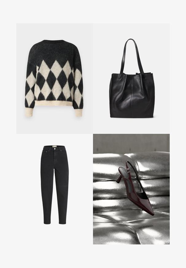 Sort og cremefarvet oversized sweater med diamantmønster, lavet af blødt struktureret stof med ribkant i bunden og på ærmerne.; Sorte højtaljede jeans med tapered ben, lukkes foran med knap og lynlås, for- og baglommer samt detaljer med metalnitter.; Blank mørkerød slingback højhælet sko med spids tå, vist på en skinnende sølvfarvet polstret læderoverflade.; Sort læder tote taske med struktureret overflade, enkelt rum og to lange håndtag. Blød, uformet form uden synligt hardware.