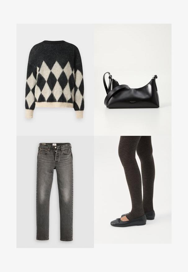 Pull oversized noir et crème avec un motif en losange, fabriqué en tissu texturé doux, avec une bordure et des poignets côtelés.; Jean en denim gris avec une coupe droite, texture usée, décoloration subtile, rivets en cuivre et une fermeture à bouton classique.; Jambes portant des leggings côtelés foncés associés à des ballerines noires avec de petits détails en nœud sur fond blanc.; Sac à main en cuir noir avec une texture lisse. Dispose d'une bandoulière adjustable et d'un design élégant et minimaliste avec une fermeture éclair.