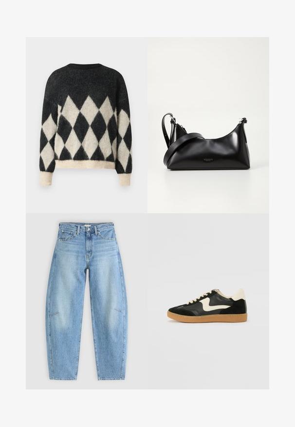 Zwarte en crème oversized trui met een diamanten patroon, gemaakt van zacht textuurstof met een ribbelzoom en mouwen.; Lichtblauwe denim jeans met een relaxte pasvorm, met een hoge taille, rechte pijpen en subtiele stiksels op de voorzakken.; Zwarte suède en leren sneaker met een crèmekleurige zij-swoosh en lichte crèmekleurige hiel. Voorzien van beige veters en een gumrubberen zool.; Zwarte leren handtas met een gladde textuur. Beschikt over een verstelbare schouderband en een strak, minimalistisch ontwerp met een ritssluiting.