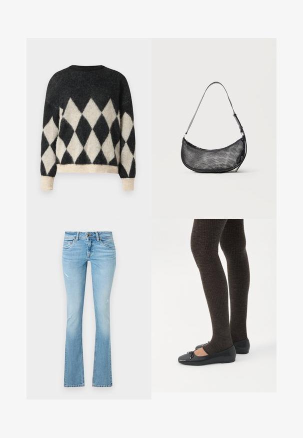 Sort og cremefarvet oversized sweater med diamantmønster, lavet af blødt struktureret stof med ribkant i bunden og på ærmerne.; Lystblå denimflarebukser med let falmning, slidte knædetaljer, fem-lomme design og knaplukning i taljen.; Ben iført mørke ribbede leggings kombineret med sorte balletsko med små sløjfedetaljer på hvid baggrund.; Lille sort mesh skuldertaske i halvmåneform med justerbar tynd rem, sat mod en ensfarvet lys baggrund.