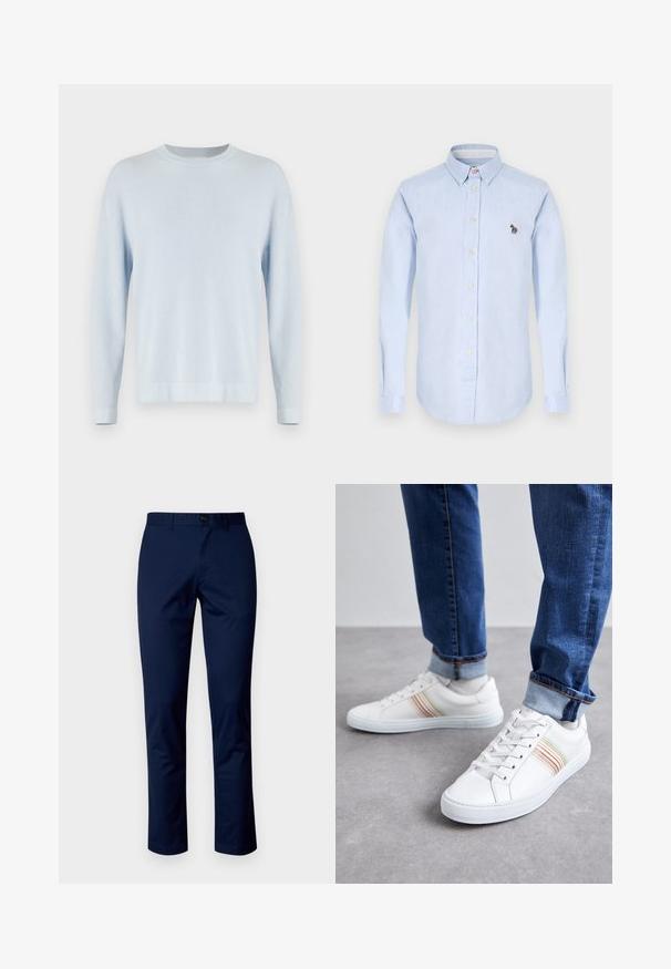 Lyseblå ribstrikket sweater med rund halsudskæring, lange ærmer og lige kant. Struktureret stof med et blødt udseende.; Lysblå skjorte med lange ærmer, krave, frontknapper og en lille broderet zebra detalje på brystet.; Mørkeblå bomuldsbukser med et lige ben design, der har en frontknaplukning, bæltestropper og rene sømme. Glat tekstur uden mønstre.; Hvide lædersneakers med multicolore striber, snørebåndsdesign, gummisål og polstret krave, parret med blå denimjeans.
