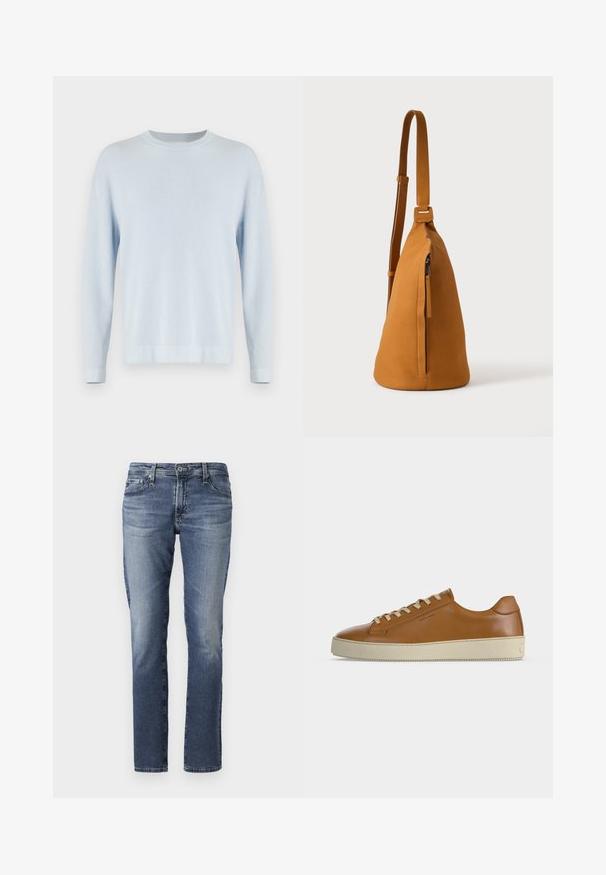 Helehallide ribakudumist särk ümmarguse kaeluse, pikkade varrukate ja sirge hemiga. Tekstureeritud kangas, mis näeb välja pehme.; Keskmise sinise värvuse denim teksad, sirge jala disainiga, õrna tuhmumisega ja klassikalise viie tasku stiiliga. Metallist komponentide detailid vööl ja taskutel.; Madalad pruunid nahast tossud kreemjas värvi paelte ja paksu kreemja kummitaldiga, külgvaates, valgel taustal.; Tee nahast üleõlakott reguleeritava sangaga ja vertikaalse lukkudega taskuga, näidatud küljelt tavalise heleda tausta vastu.