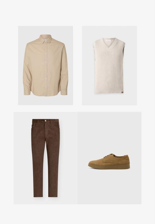 Beige gebreide mouwloze trui met V-hals en geribde zoom op een effen lichte achtergrond.; Selected Flannel - Overhemd - pure cashmeredetail:mixed w. oatmeal; Bruine corduroy broek met een rechte snit, voorzien van een knoopsluiting, voorzakken en een verticale ribbelstructuur door het hele ontwerp.; Bruine suède veterschoen voor vrijetijdskleding met een platte rubberen zool, zijaanzicht tegen een eenvoudige lichte achtergrond.