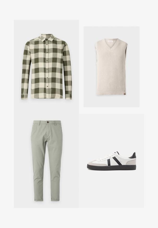 Beige gebreide mouwloze trui met V-hals en geribde zoom op een effen lichte achtergrond.; Lange mouwen shirt in een groen en crème checkpatroon, gemaakt van lichte stof, met een button-down kraag en knopen aan de voorkant.; Op maat gemaakte groene chino's van lichtgewicht katoen. Voorzien van een knoopsluiting, voor- en achterzakken, en een taps toelopend ontwerp.; Witte sneaker met zwarte en grijze accenten, voorzien van een grijze neus met textuur, zwarte rubberen zool en platte witte veters. Schoon ontwerp, minimalistische stijl.