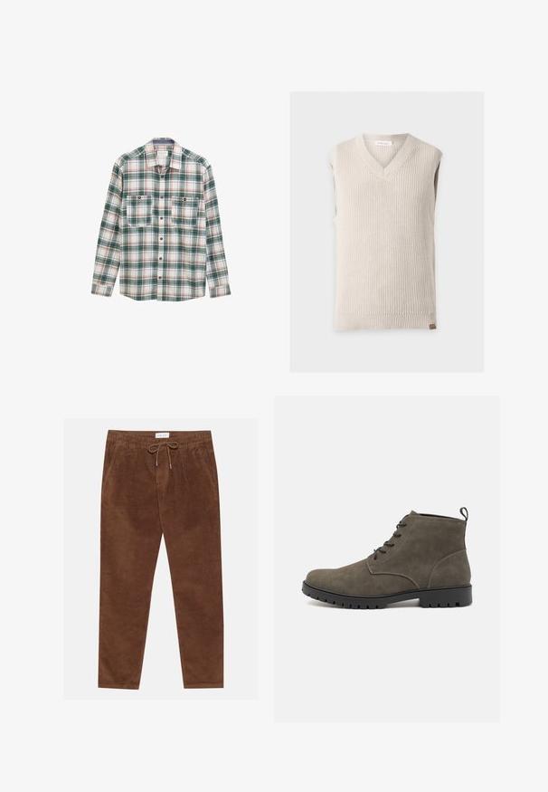 Beige strikket ærmeløs strikvest med V-hals og ribstrikket kant på ensartet lys baggrund.; Langærmet skjorte med knapper i grøn, hvid og rød plaidmønster, to knaplukket brystlommer foran og klassisk krave.; Pier One by Zalando CORDUROY TROUSERS ELASTIC WAISTBAND - Bukser - brown; Olivengrøn ruskindsankelstøvler med en sort gummisål, seks snørehuller og en løkke ved hælen for nem påtagning.