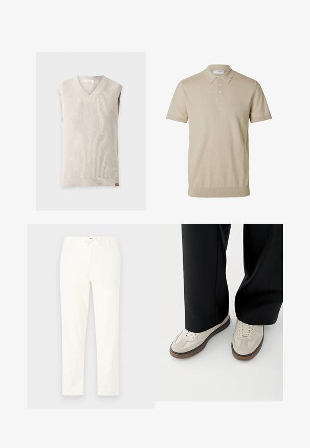 Beige gestrickte ärmellose Pullunderweste mit V-Ausschnitt und geripptem Saum auf einfarbigem hellem Hintergrund.; Beiges kurzärmeliges Poloshirt mit Kragen und drei Knöpfen, gerippte Bündchen an Ärmeln und Saum, einfarbiger Strickstoff.; Weiße, leichte Leinenhosen mit einem Kordelzugsbund. Gerades Bein, minimale Textur und keine sichtbaren Muster oder Metallteile.; Füße mit beigen Sneakers mit braunen Sohlen und schwarzen Hosen mit weitem Bein auf weißem Hintergrund.