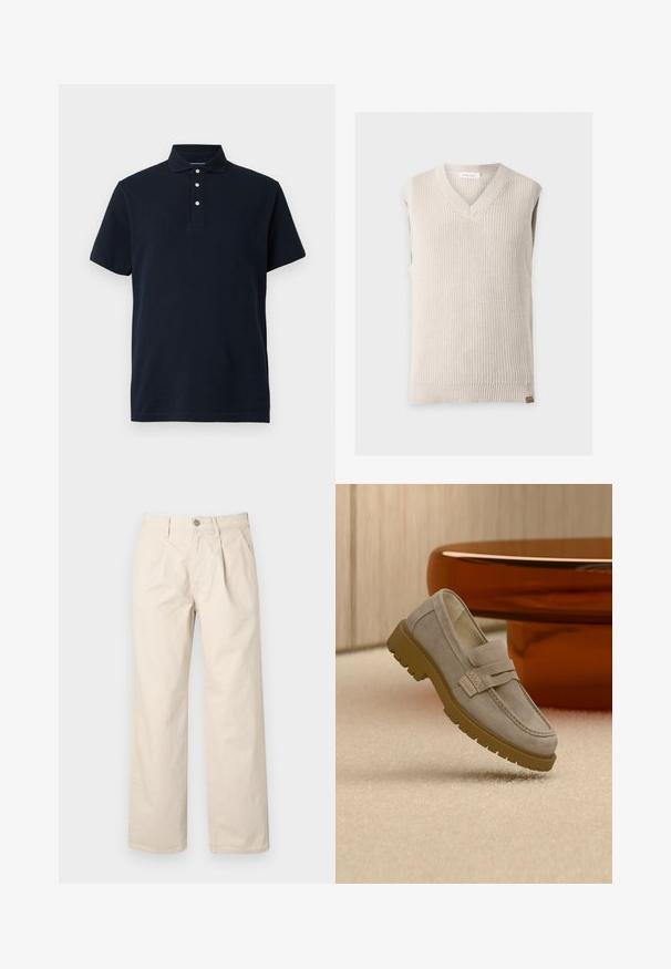 Beige strikket ærmeløs strikvest med V-hals og ribstrikket kant på ensartet lys baggrund.; Marineblå kortærmet polo skjorte med krave og tre hvide knapper på stolpen, præsenteret mod en ensfarvet baggrund.; Beige brede bukser med høj talje, der har folder foran, en knappelukning foran og et glat bomuldsstof.; Lysegrå ruskind loafers med chunky brun gummisål placeret på beige tæppe foran et sløret brunt rundt bord.