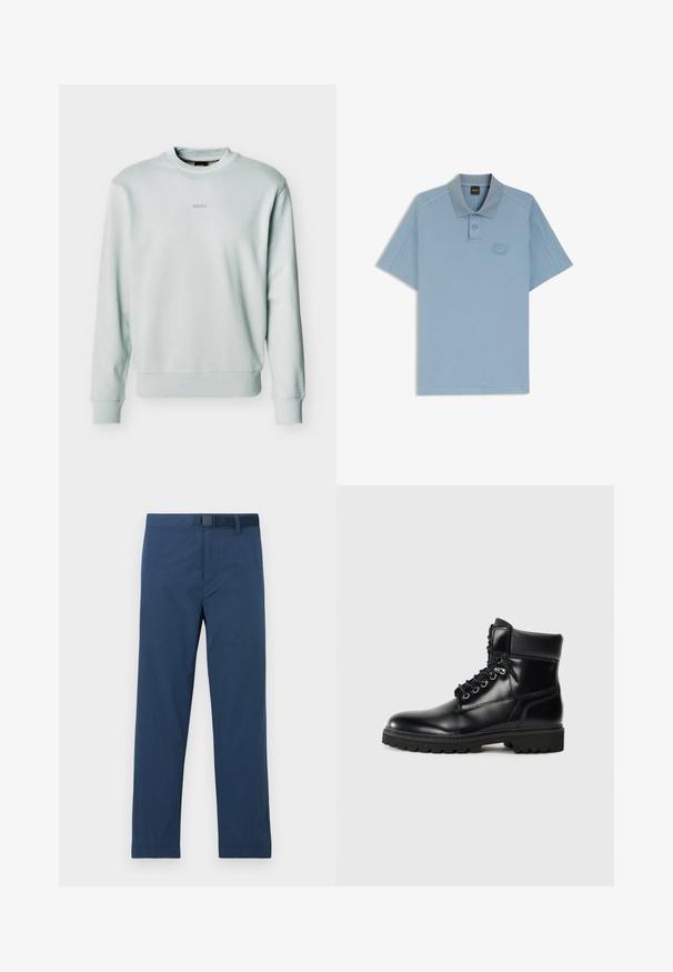 Sweat-shirt gris clair à col rond avec poignets et ourlet côtelés, petit logo "BOSS" centré sur la poitrine.; Polo à manches courtes bleu clair avec deux boutons et un logo ton sur ton subtil sur le côté gauche de la poitrine.; Pantalon bleu marine en tissu lisse, avec une coupe régulière, des jambes droites et une fermeture à bouton et crochet à la taille.; Bottine en cuir noir avec une finition brillante, design à lacets, col rembourré et semelle en caoutchouc robuste avec des grips de traction.