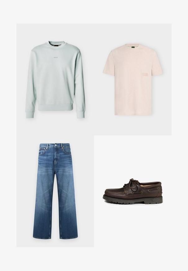 Lichtgrijze crewneck sweater met geribbelde manchetten en zoom, klein "BOSS" logo in het midden van de borst.; Lichtbeige T-shirt met korte mouwen, met een klein rechthoekig patch op de linkerborst en een ronde hals.; Blauwe denim jeans met wijd uitlopende pijpen, voorste knoop- en ritssluiting, vijf zakken en subtiele vervaagde details op de dijen.; Bruine leren boot schoenen met een ronde neus, stiksels en metalen oogjes voor de veters. Rubberen buitenzool met profiel.