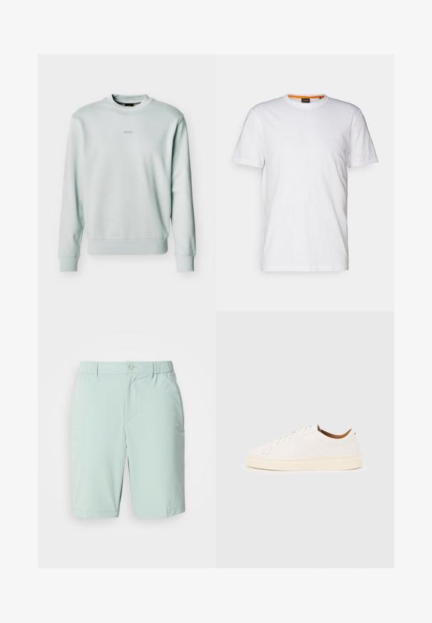 Sweat-shirt gris clair à col rond avec poignets et ourlet côtelés, petit logo "BOSS" centré sur la poitrine.; T-shirt en coton blanc avec un col rond, des manches courtes et un logo en relief subtil sur la poitrine. L'étiquette intérieure a une touche d'orange.; Shorts bleu clair en tissu lisse, dotés d'une fermeture à bouton, de poches avant et d'une ceinture confortable sans motifs visibles.; Baskets blanches basses avec un design à lacets, des détails de couture minimalistes, et une semelle couleur crème sur un fond gris clair.