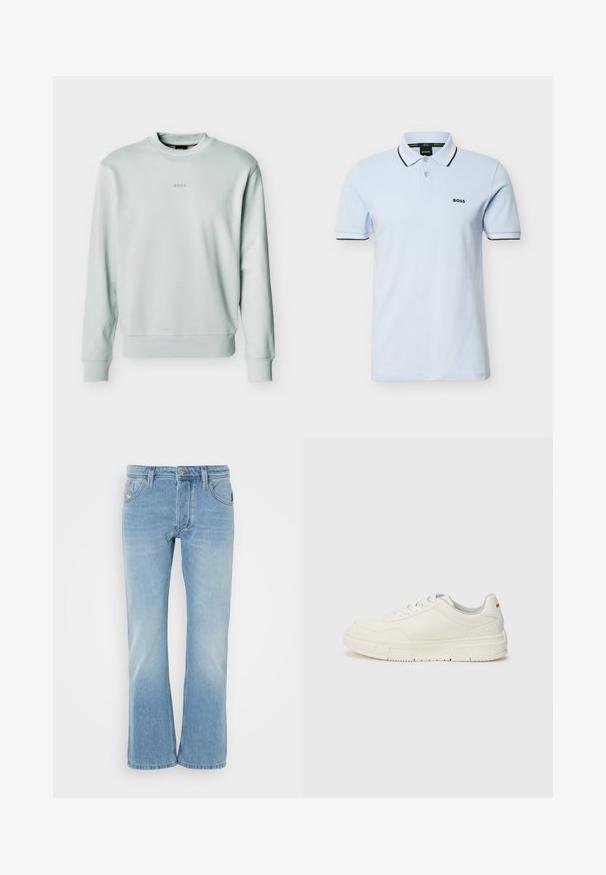 Lichtgrijze crewneck sweater met geribbelde manchetten en zoom, klein "BOSS" logo in het midden van de borst.; Lichtblauw poloshirt met korte mouwen, zwart afgezette kraag en manchetten, twee knopen en het "BOSS"-logo op de linkerborst.; Lichtblauwe denim jeans met een wijd gesneden ontwerp, voorzien van zakken, een knoopsluiting en subtiele vervaging voor een versleten effect.; Witte sneakers met een glad leren bovenwerk, ronde neus, platte veters en een gestructureerde rubberen zool. Een rode accent op de hiel.