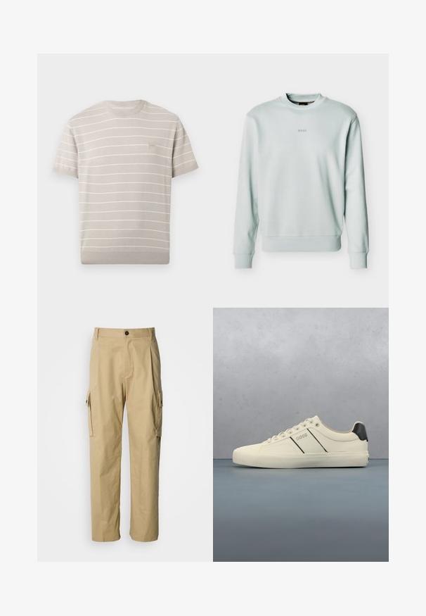 Sweat-shirt gris clair à col rond avec poignets et ourlet côtelés, petit logo "BOSS" centré sur la poitrine.; Chemise en maille beige clair à manches courtes avec de fines rayures blanches horizontales et un petit écusson carré avec logo sur le côté gauche de la poitrine.; Pantalon cargo beige en tissu résistant, avec une coupe décontractée, des poches latérales et une fermeture par bouton à la taille.; Baskets de couleur crème avec une texture lisse, dotées d'accents et de marquage noirs. Design classique à lacets avec un bout rond et une semelle en caoutchouc.