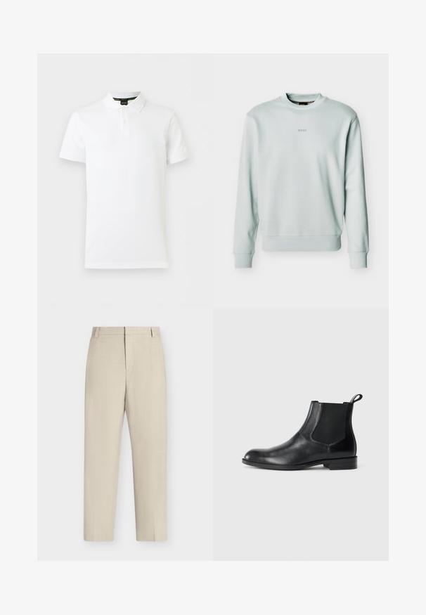 Sweat-shirt gris clair à col rond avec poignets et ourlet côtelés, petit logo "BOSS" centré sur la poitrine.; Polo blanc à manches courtes avec col et patte à deux boutons, présentant un logo subtil sur le côté gauche de la poitrine.; Pantalon beige à jambe droite avec passants de ceinture, fermeture éclair à l’avant et coupe ajustée sur un fond blanc uni.; Bottine en cuir noir avec des panneaux latéraux élastiques, bout rond et tirette. Texture lisse, semelle plate, design minimaliste.