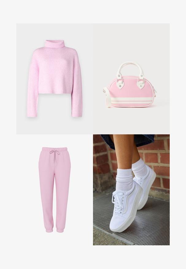 Rosa geripptes Sweatshirt mit hohem Kragen, verkürztem Schnitt und langen Ärmeln. Der strukturierte Stoff weist dezente vertikale Streifen auf.; Hellrosa Jogginghose mit elastischem Bund, Kordelzug, Seitentaschen und elastischen Bündchen, abgebildet auf weißem Hintergrund.; Weiße Leinensneaker mit Gummisohlen, ausgestattet mit sechs Ösen, runder Zehenpartie und dezenten Nähten, kombiniert mit weißen Knöchelsocken.; Rosa Handtasche mit weißen Akzenten, abgerundeter Form, oberen Griffen, abnehmbarem Schulterriemen und herzförmigen Metallakzenten. Reißverschlussverschluss.