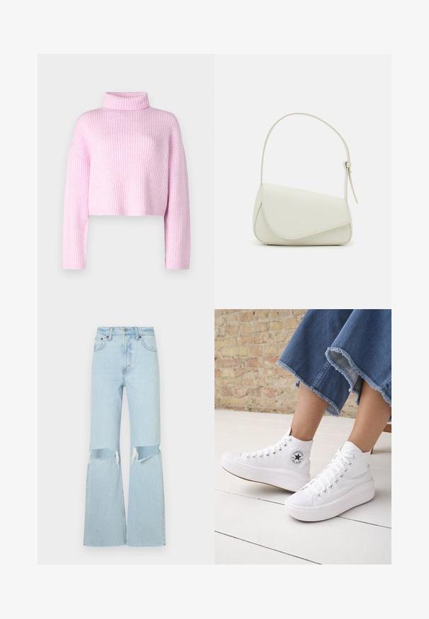 Roze geribbelde trui met een hoge hals, cropped ontwerp en lange mouwen. De textuur van de stof heeft subtiele verticale strepen.; Lichtblauwe flared jeans van denim met versleten kniestukken, met een hoge taille en een ruwe zoom. Versterkte stiksels en klassieke vijf-pocket stijl.; Persoon draagt witte hoge Converse-sneakers met dikke zolen en korte jeans met rafelige zoom tegen een bakstenen muur en witte vloer.; Witte nepleren handtas met een gestructureerde driehoekige vorm, een enkele verstelbare schouderriem en een klep met ronde accenten.