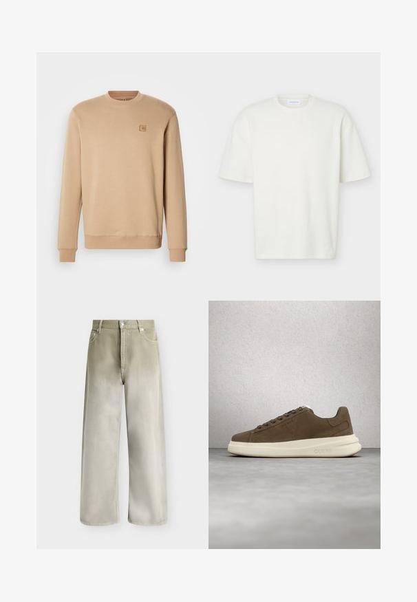 Beige sweatshirt lavet af blødt bomuldsblandingsmateriale, har rund hals, lange ærmer og et lille firkantet logo-patch på venstre bryst.; Hvid tekstureret T-shirt med korte ærmer og rund hals med en almindelig pasform og et lille mærke indeni kraven.; Beige og lysegrå jeans med vidde ben, forlommer, bæltestropper og knaplukning.; Brune ruskinds sneakers med en cremet gummisål, flade snørebånd og et logo på siden. Letvægtsdesign og glat tekstur.
