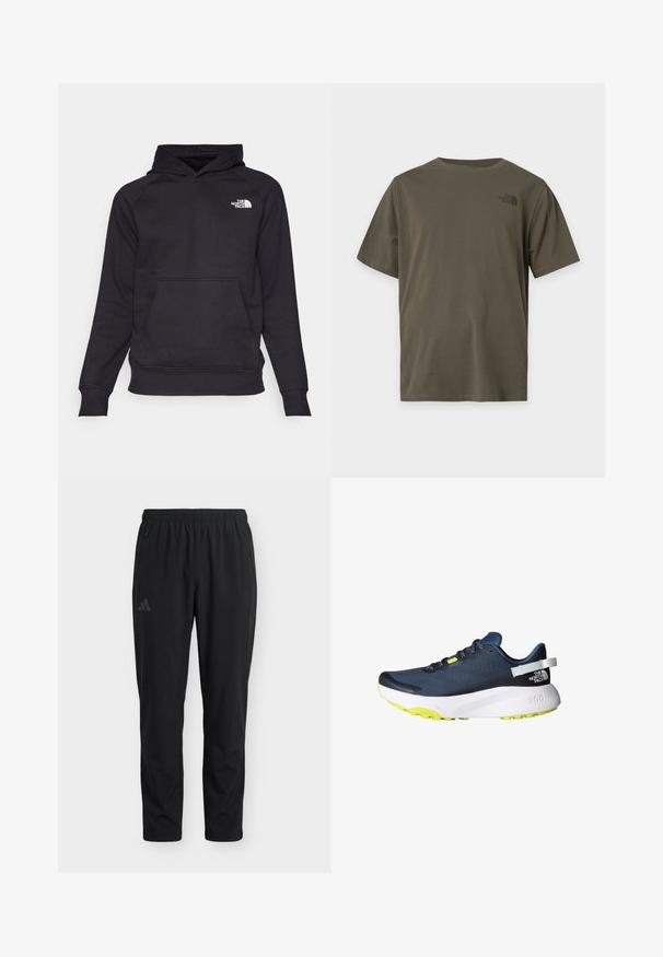 Schwarzer Hoodie mit einer vorderen Kängurutasche, gerippten Bündchen und Saum. Verfügt über ein weißes Logo auf der oberen linken Brust. Hergestellt aus weichem Stoff.; Schlichtes olivgrünes T-Shirt mit kurzen Ärmeln und einem kleinen schwarzen The North Face-Logo auf der oberen linken Brust.; Schwarze Sporthose mit elastischem Bund, seitlichen Reißverschlusstaschen und einem dezenten Logo am linken Oberschenkel, vorne auf einfarbigem Hintergrund abgebildet.; Laufschuhe mit einem Obermaterial aus marineblauem Mesh, weißer Zwischensohle und knallgelbem Außensohlene. Sie verfügen über einen gepolsterten Schaft und reflektierende Akzente.