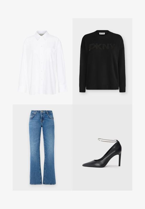 Schwarzer DKNY Pullover mit langen Ärmeln, geripptem Rundhalsausschnitt, Bündchen und Saum, mit dezent glänzendem DKNY-Logo auf der Brust.; Weißes Langarmhemd mit Kragen aus Baumwolle. Verfügt über eine durchgehende Knopfleiste und eine Brusttasche. Glatte Textur, lockere Passform.; Hellblaue Jeans mit ausgestelltem Bein, die fünf Taschen, einen Knopf- und Reißverschluss sowie dezente Waschungsspuren aufweisen.; Schwarze Leder-Pumps mit hohen Absätzen und spitz zulaufender Zehenpartie, ausgestattet mit einem dünnen silbernen Kettenknöchelriemen und einer eleganten, glatten Textur.