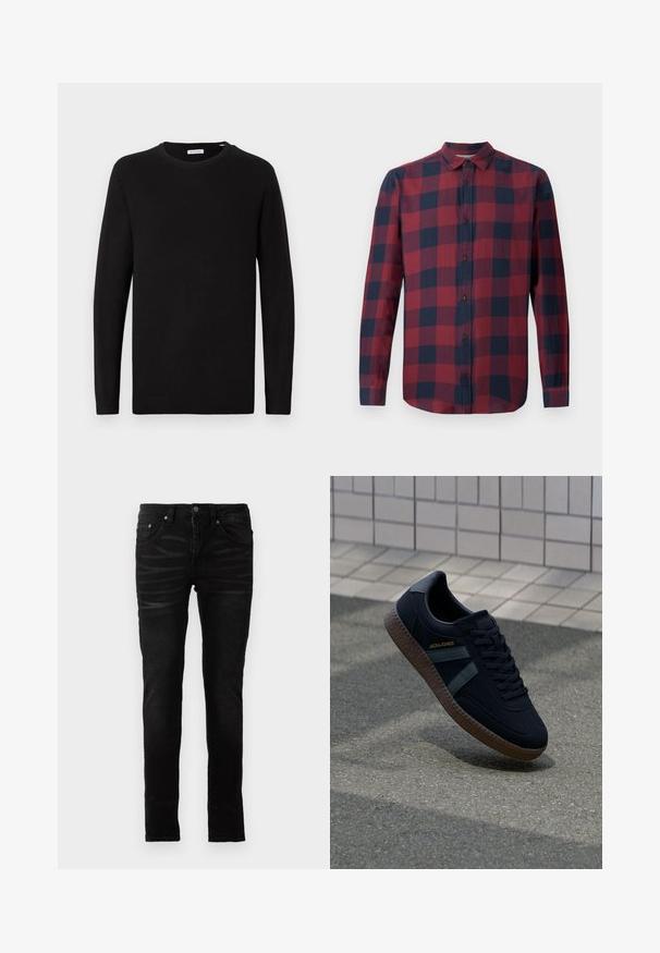 Sort crew neck sweater, lange ærmer, strikket stof, ribbede manchetter og kant, minimalistisk design, glat tekstur, ingen synlige mønstre.; Rød og marineblå plaid langærmet skjorte med nedfoldet krave og mørke knapper. Lavet af letvægtsstof med en glat tekstur.; Sorte skinny jeans med en glat denimoverflade, traditionelt fem-lommer design, lynlåsfront og subtile falmede detaljer på stoffet.; Sort sneaker med struktureret overflade, mørkegrønne striber og brun gummisål. Har snøringer og branding på siden.