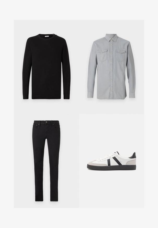Sort crew neck sweater, lange ærmer, strikket stof, ribbede manchetter og kant, minimalistisk design, glat tekstur, ingen synlige mønstre.; Lysegrå langærmet denimskjorte med knappet front, to brystlommer med klapper og knapper samt en spids krave.; Sorte slim-fit jeans med fem lommer, knaplukning og bælteklips, vist fladt på en hvid baggrund.; Hvide sneakers med sorte og grå detaljer, med en tekstureret grå tåhætte, sort gummisål og flade hvide snørebånd. Rent design, minimalistisk stil.