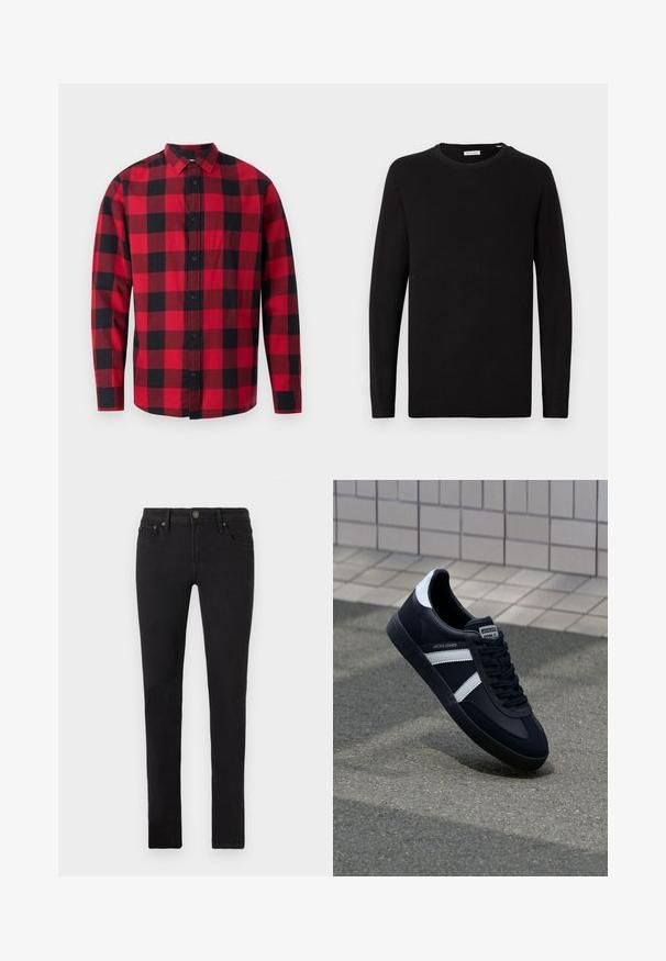 Sort crew neck sweater, lange ærmer, strikket stof, ribbede manchetter og kant, minimalistisk design, glat tekstur, ingen synlige mønstre.; Rødmønstret flannel-skjorte i sort og rød med knaplukning foran, lange ærmer og krave. Har et klassisk ternet mønster.; Sorte slim-fit jeans med fem lommer, knaplukning og bælteklips, vist fladt på en hvid baggrund.; Sort lædersneaker med hvide striber, tekstureret gummisål og snørrebånd foran. Har et brandet mærke på tungen.