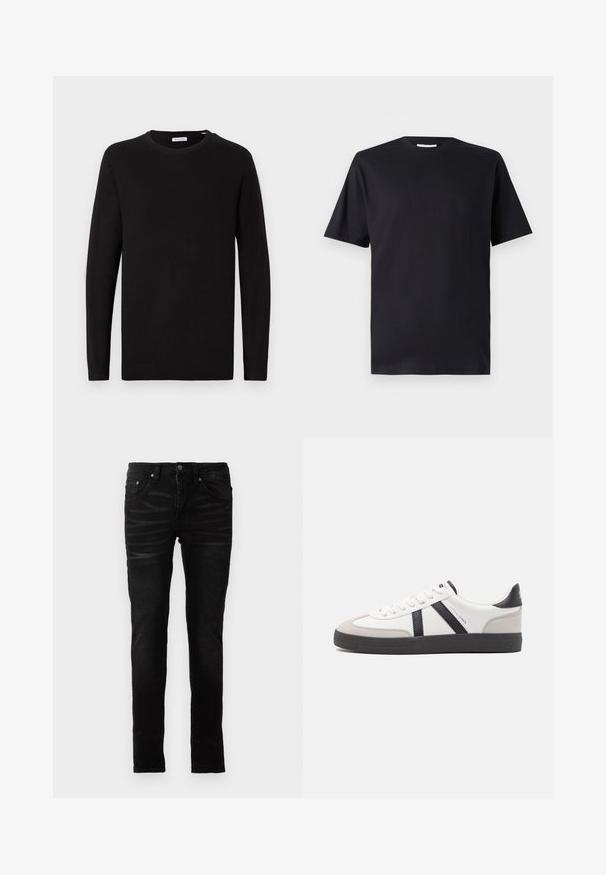 Sort crew neck sweater, lange ærmer, strikket stof, ribbede manchetter og kant, minimalistisk design, glat tekstur, ingen synlige mønstre.; Sort kortærmet t-shirt i bomuld med rund halsudskæring og klassisk snit, uden mønstre eller synlig branding.; Sorte skinny jeans med en glat denimoverflade, traditionelt fem-lommer design, lynlåsfront og subtile falmede detaljer på stoffet.; Hvide sneakers med sorte og grå detaljer, med en tekstureret grå tåhætte, sort gummisål og flade hvide snørebånd. Rent design, minimalistisk stil.