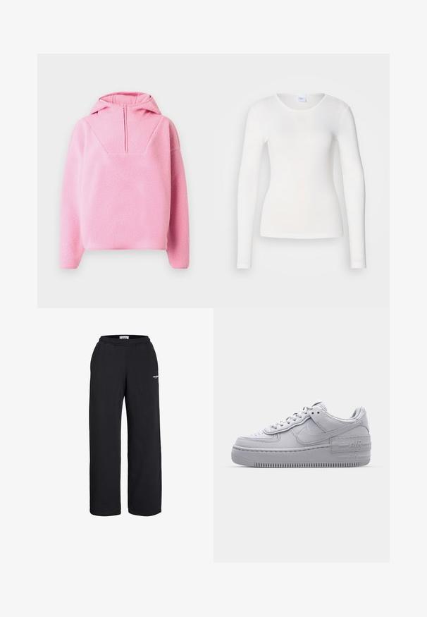 Blød lyserød fleece-pullover med lange ærmer, hætte og halv lynlås foran, designet til varme og afslappet brug.; Hvid langærmet skjorte lavet af et blødt, glat stof; har en rund halsudskæring og en tætsiddende facon uden mønstre eller pynt.; Sorte sweatpants med lige ben, elastisk talje og lille hvidt logo på øvre lår, designet til afslappet brug.; Grå Nike Air Force 1 sneakers med perforeret tå, glat læderoverdel, tyk sål og præget 'AIR' detalje på hælen.