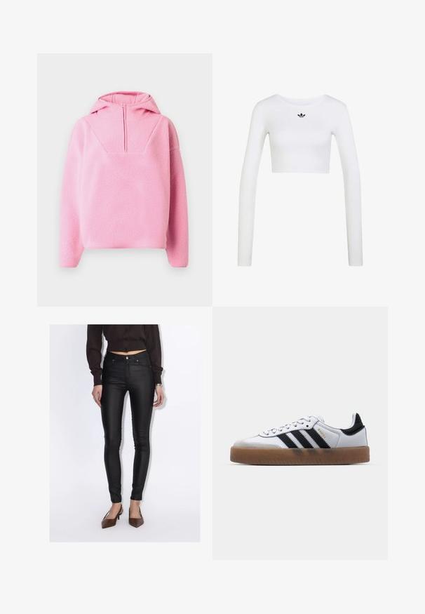 Pehmeä vaaleanpunainen fleece-pullover pitkine hihoineen, hupullinen ja puolivetoketjullinen edessä, suunniteltu lämmöksi ja rentoon käyttöön.; Valkoinen pitkähihainen lyhyt toppi, jossa pyöreä pääntie ja pieni musta Adidas-logo keskitettynä pääntien alle.; Nainen pukeutunut mustiin korkeavyötäröisiin kapeisiin housuihin, lyhyeen tummanruskeaan nappipaitaan ja ruskeisiin kärkiosastaan teräviin korkokenkiin.; Valkoiset nahkakengät, joissa on mustat raidat, kumipohja, pyöreä varvas, nauhakiinnitys ja pehmeä harmaa mokkanahkakärki.