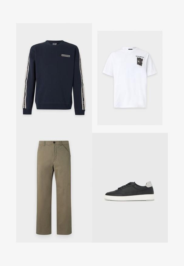 Tmavomodrá mikina s dlhými rukávmi, logo EA7 Emporio Armani na hrudi a značkové pásiky na oboch rukávoch.; Biele tričko s krátkym rukávom s malou čiernou grafikou a textom "Emporio Armani" na ľavej hornej časti hrudníka.; Svetlo olivové nohavice vyrobené z hladkej a odolnej tkaniny. Majú zapínanie na gombík a zips, bočné vrecká a rovný strih nohavíc.; Čierna nízka teniska s bielou podrážkou a sivým pätovým pásikom, bočný pohľad na bielom pozadí.