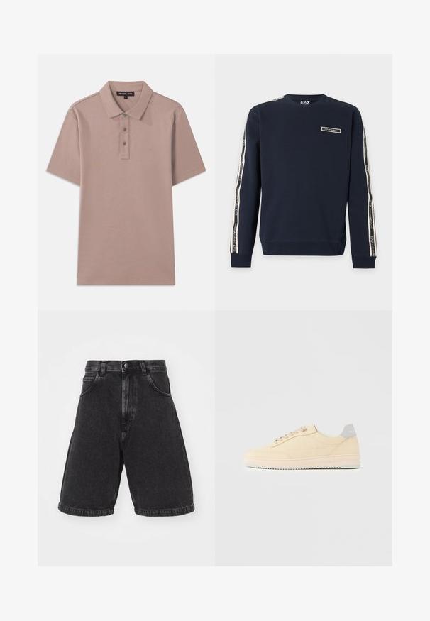 Laivastonsininen pitkähihaisen collegepaita, jossa EA7 Emporio Armani -logo rinnassa ja merkkiraidat molemmissa hihoissa.; Paita polo vaaleanruskeasta kankaasta, lyhyet hihat, kolmen napin lista ja brodeerattu "MK" logo rinnassa. Sujuva rakenne.; Mustat farkkushortsit, joissa on korkeavyötäröinen muotoilu, löysä istuvuus ja käännetty helma. Sisältää etutaskut ja klassisen napituksen.; Matalavartiset beigenväriset lenkkarit, joissa edessä nyöritys, vaaleanpunainen pohja ja harmaa kantalenkki, jossa on "Filling Pieces" -brändi, esitetty sivuprofiilissa yksinkertaisella taustalla.