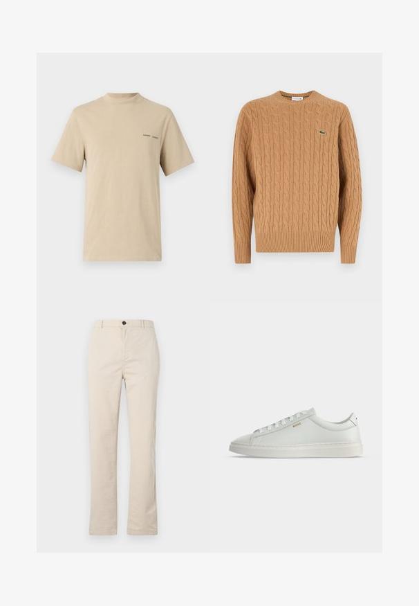 Kabelgebreide trui in camel kleur, gemaakt van textiel met structuur, met een geribbelde onderkant en mouwen, en een klein groen logo op de borst.; Beige katoenen t-shirt met een ronde halslijn en korte mouwen. Beschikt over een subtiele zwarte "SAMSOE" tekstlogo op de borst.; Lichtbeige katoenen broek met een rechte pijpdesign, voorzien van een knoopsluiting aan de voorkant, een ritssluiting en minimale stikdetails.; Witte lage leren sneaker met veters, platte zool en klein gouden "BOSS" logo aan de zijkant, gezien vanaf de buitenkant.