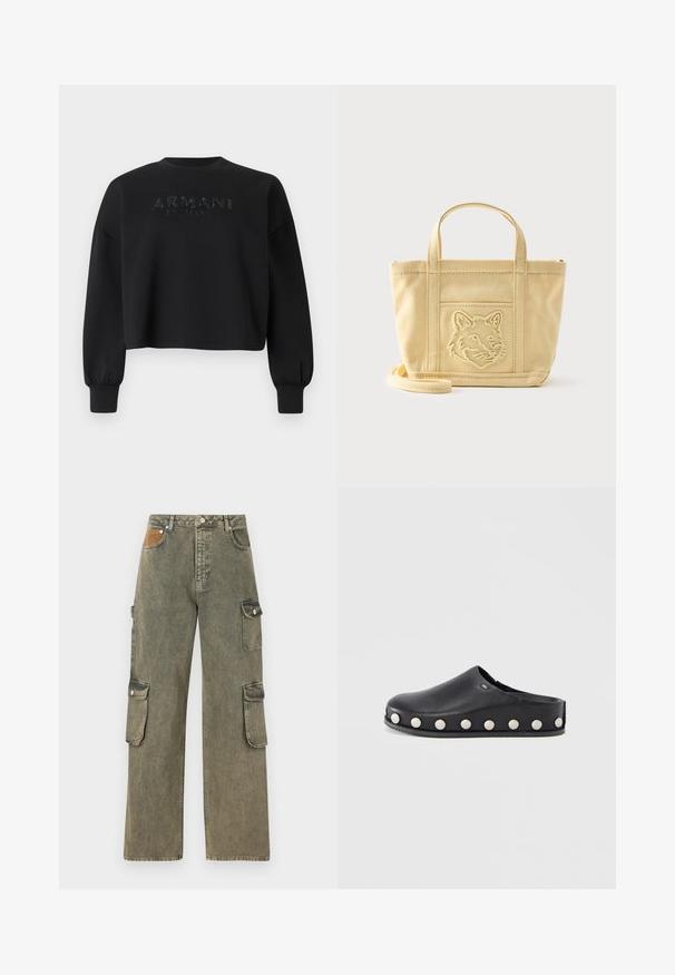 Zwarte cropped sweatshirt met lange mouwen en geribbelde manchetten, met de tekst "ARMANI EXCHANGE" versierd op de borst.; Cargo pants in grijsgroen denim, met een hoge taille, wijd gesneden pijpen, twee zijvakjes en een gestructureerd tan stuk aan de voorkant.; Zwarte leren klomp met een ronde neus en een platte zool, voorzien van verhoogde witte studs langs de zijkanten als accentdetail.; Beige canvas draagtasje met korte handvatten, een afneembare schouderriem en een geborduurd vosshoofd op het voorvak.