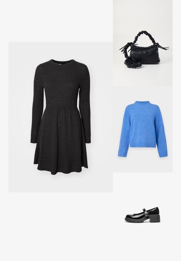 Blaues langärmliges Wollpullover mit geripptem Stehkragen, Bündchen und Saum, vor einem schlichten weißen Hintergrund präsentiert.; Dunkelgraues geripptes Strickkleid mit langen Ärmeln, rundem Ausschnitt, figurbetontem Oberteil und ausgestelltem Rock. Weicher Stoff, vielseitiges Design.; Schwarzer lackleder Mary Jane Schuh mit einem klobigen Absatz, runder Spitzenform und einem Riemen mit einer herzförmigen Schnalle.; Schwarze Handtasche aus Kunstleder mit Krokodilstruktur, gerafftem oberen Teil und einem geschoppten Tragegurt. Sie wirkt weich und kompakt im Design.